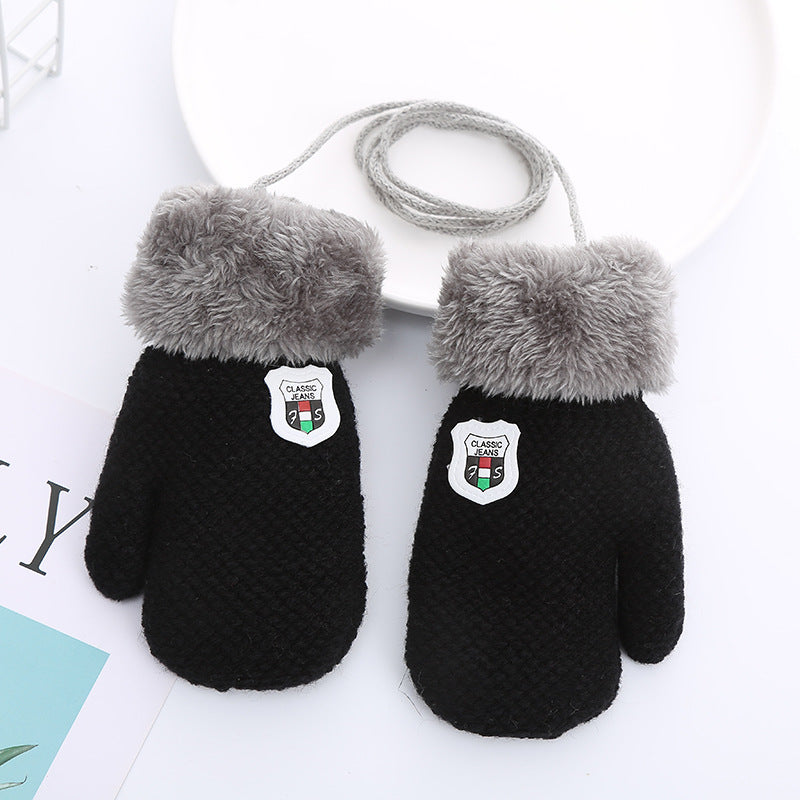 Gloves For 1-4 Years Old Winter Knitted Wool Double-layer Fleece-added Thickened Lanyard To Prevent Children Shield Leather Label