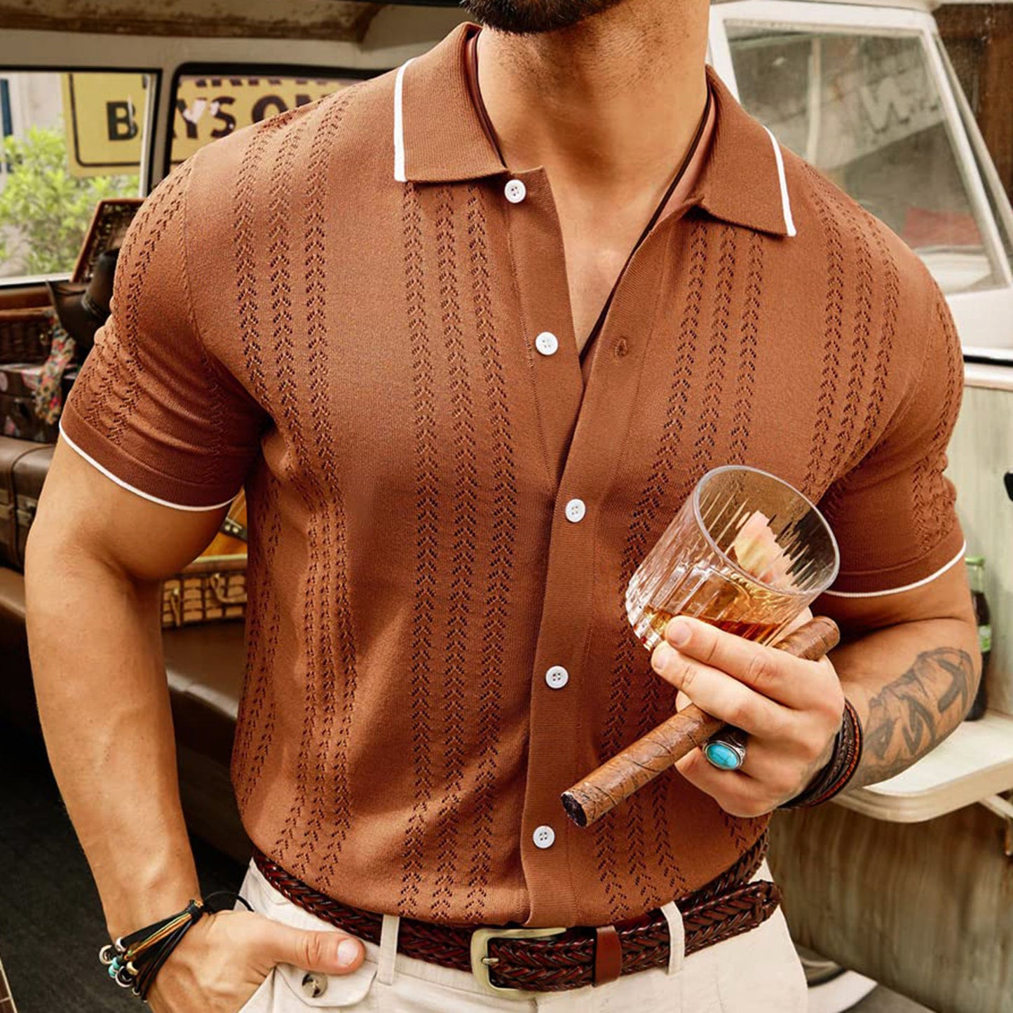 Effortless Elegance Short Sleeved Button Up Polo Shirt with Lapel Collar Perfect for Men Summer Business Attire