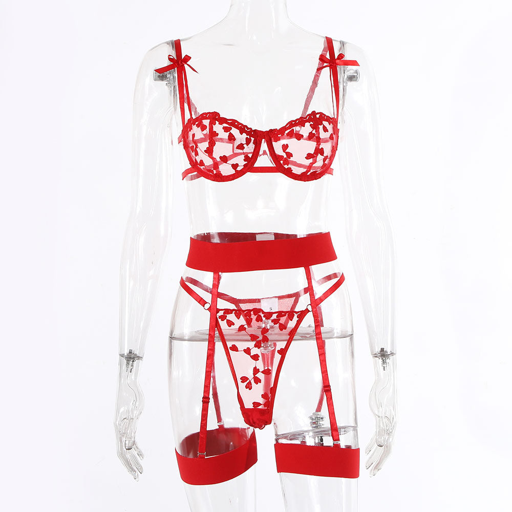 Red Valentine&#039;s Day Embroidery Lace Sexy Lingerie Three-piece Set 21634