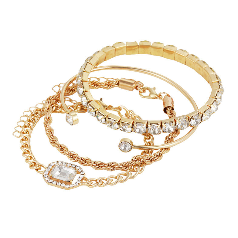 Bohemian Elegance 4 Piece Crystal Bracelet Set with Vintage Luxury Twisted Cuff Chains Perfect Jewelry Accessories for Women