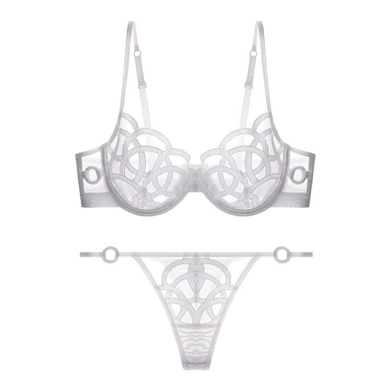 New French Style Sexy Lingerie Women&#039;s Big Breasts Show Small Gathered Bra Ultra-thin Breathable Mesh Embroidery Bra Set