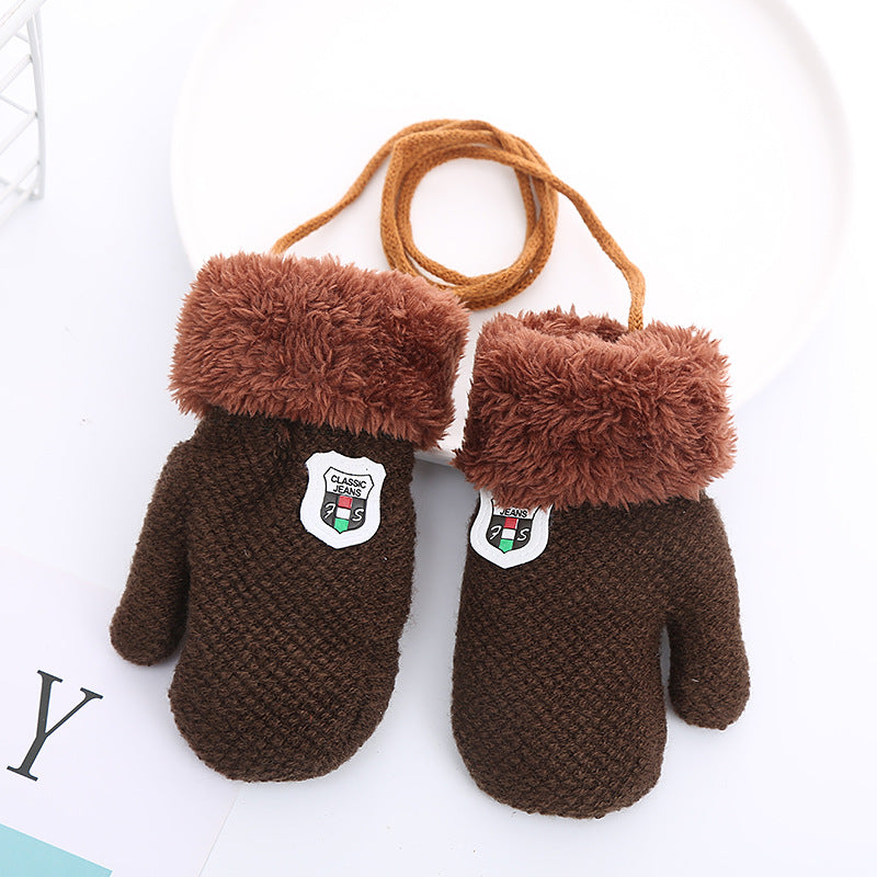 Gloves For 1-4 Years Old Winter Knitted Wool Double-layer Fleece-added Thickened Lanyard To Prevent Children Shield Leather Label