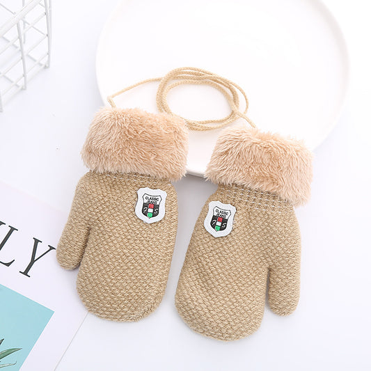 Gloves For 1-4 Years Old Winter Knitted Wool Double-layer Fleece-added Thickened Lanyard To Prevent Children Shield Leather Label