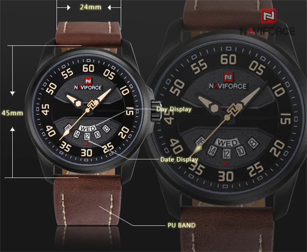 NAVIFORCE Men's Military-Style Sports Watch: Quartz, Leather Strap, and Waterproof with Date Function