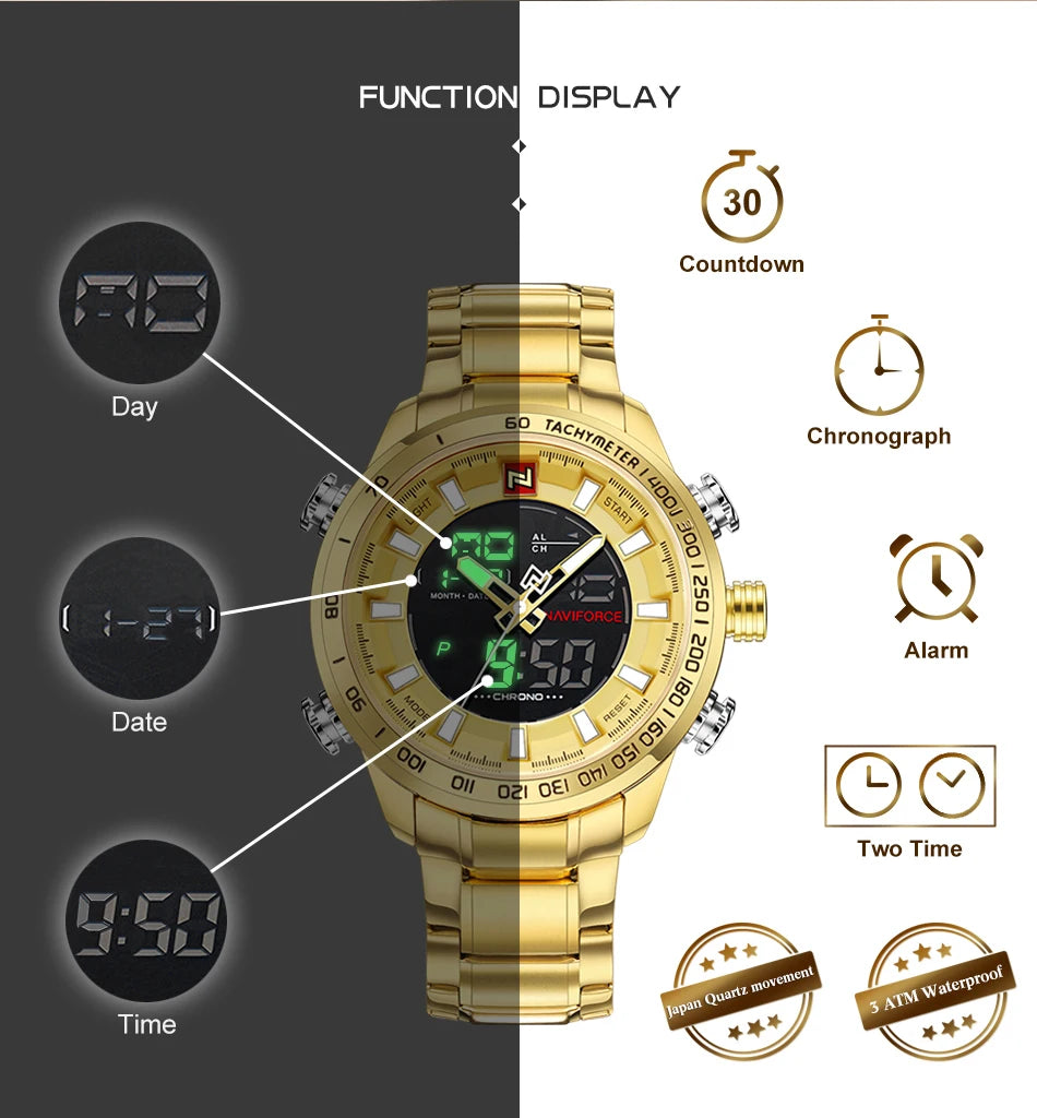 NAVIFORCE Luxury Gold Quartz Men's Sport Watch: LED Display, Waterproof, and Military Style - A Brand for the Stylish Man (Relogio Masculino)