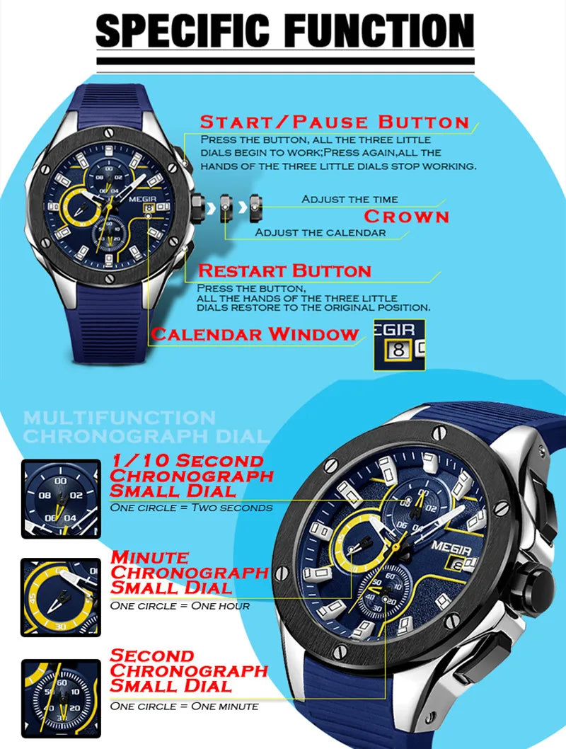 MEGIR Men's Luxury Military Sports Watch: Chronograph, Luminous, Waterproof, and Calendar Function