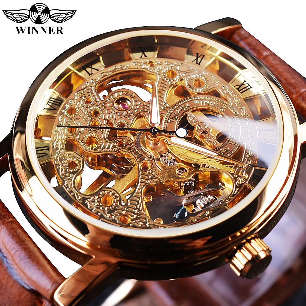 Winner's Elegance Transparent Golden Luxury with a Casual Design – Mechanical Skeleton Watch for Men with a Brown Leather Strap