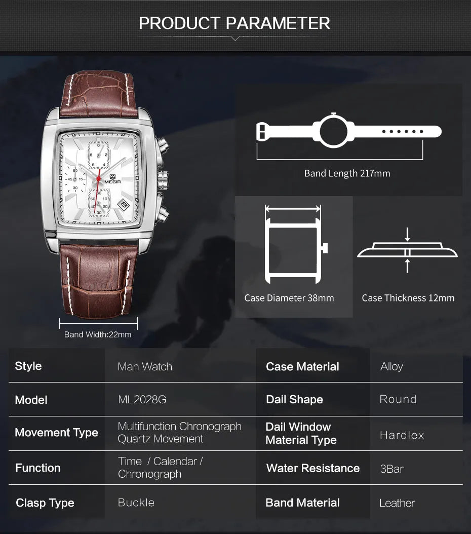 MEGIR Business Rectangle Watch for Men: Waterproof Quartz Military Timepiece with Luminous Hands, Leather Strap, and Casual Elegance (Reloj Hombre