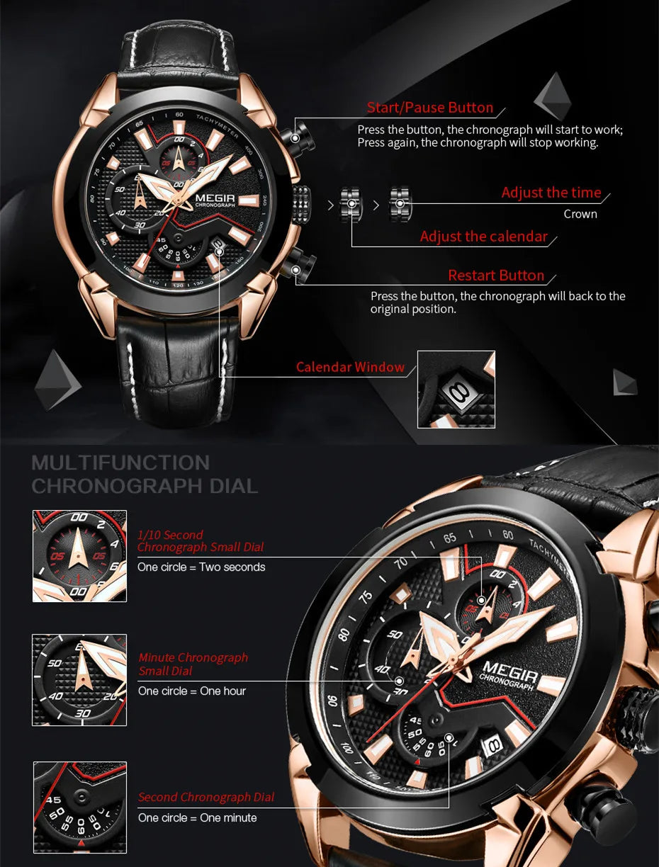 MEGIR Luxury Men's Military Sport Watch: Top Brand Elegance with Leather Strap, Quartz Movement, and Chronograph (Reloj Hombre)