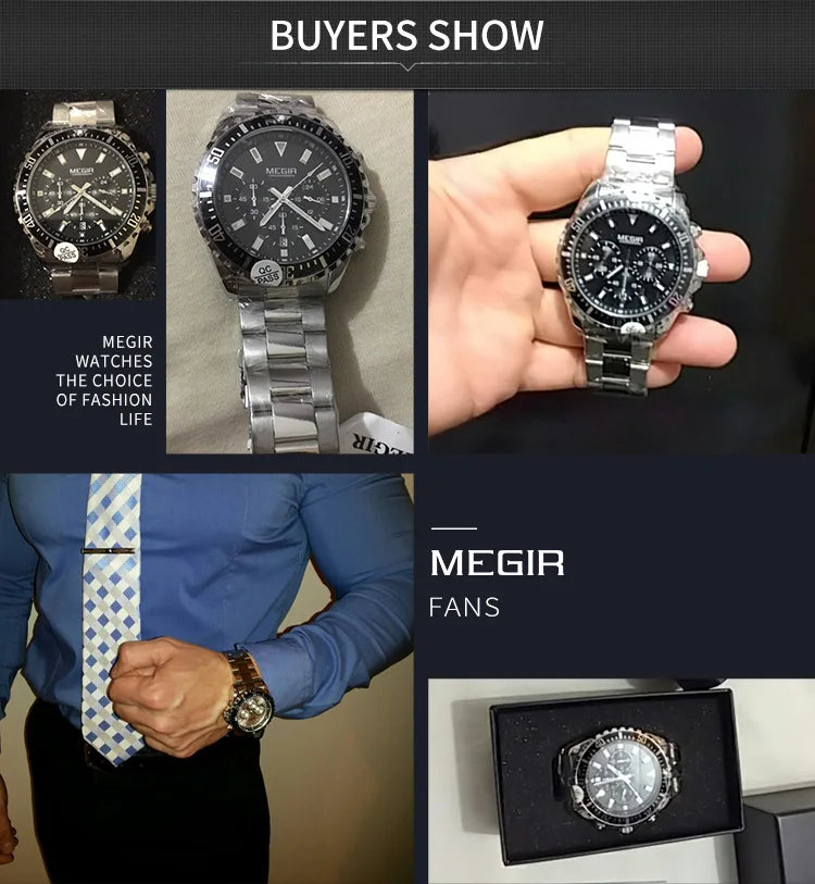 MEGIR Original Luxury Business Quartz Watch Men Brand Stainless Steel Chronograph Military WristWatch Clock Relogio Masculino