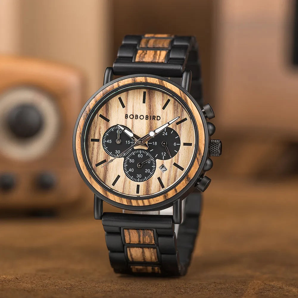 Timeless Elegance BOBO BIRD Wooden Men Chronograph Watch A Luxurious and Stylish Timepiece Featuring Military Quartz Movement Presented in a Premium Wood Gift Box