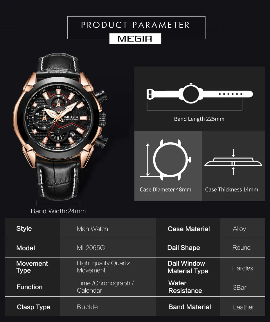 MEGIR Luxury Men's Military Sport Watch: Top Brand Elegance with Leather Strap, Quartz Movement, and Chronograph (Reloj Hombre)