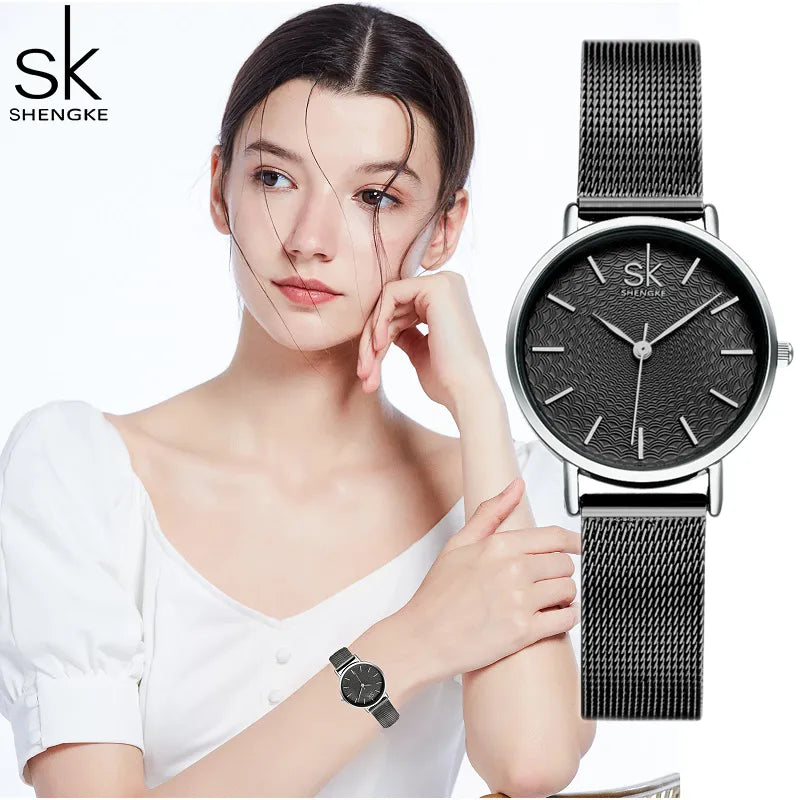 Radiant Elegance: Shengke's New Fashion Women's Golden Wrist Watch with Milan Strap – A Timepiece of Snap Luxury and Feminine Charm