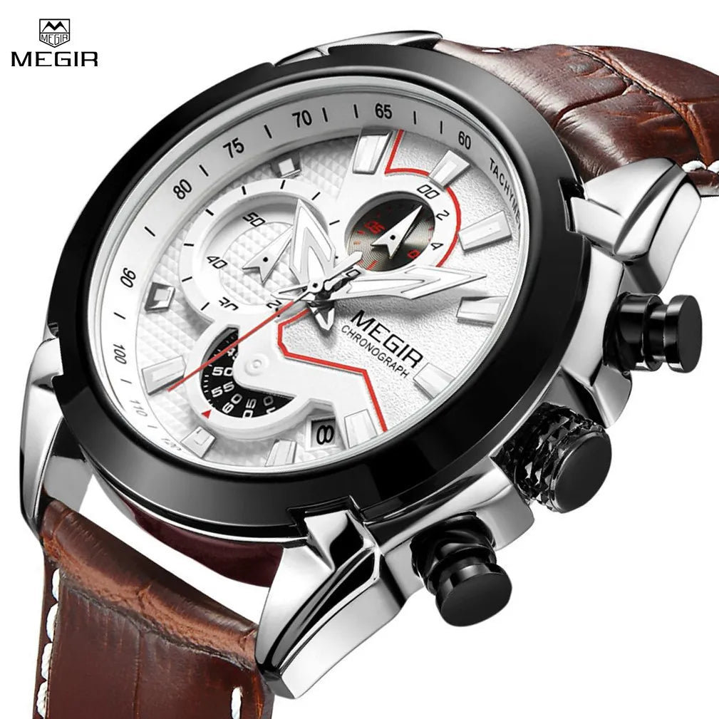 MEGIR Luxury Men's Military Sport Watch: Top Brand Elegance with Leather Strap, Quartz Movement, and Chronograph (Reloj Hombre)