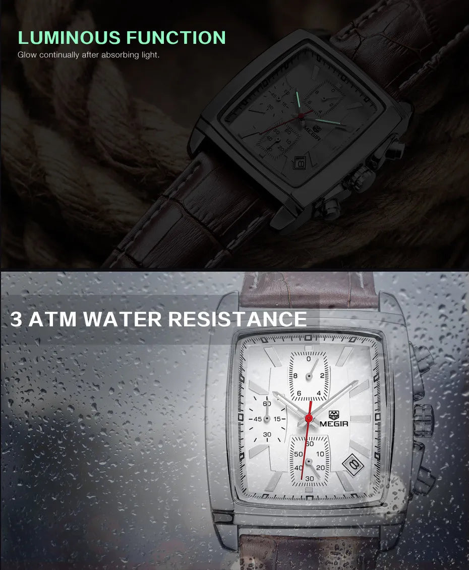 MEGIR Business Rectangle Watch for Men: Waterproof Quartz Military Timepiece with Luminous Hands, Leather Strap, and Casual Elegance (Reloj Hombre