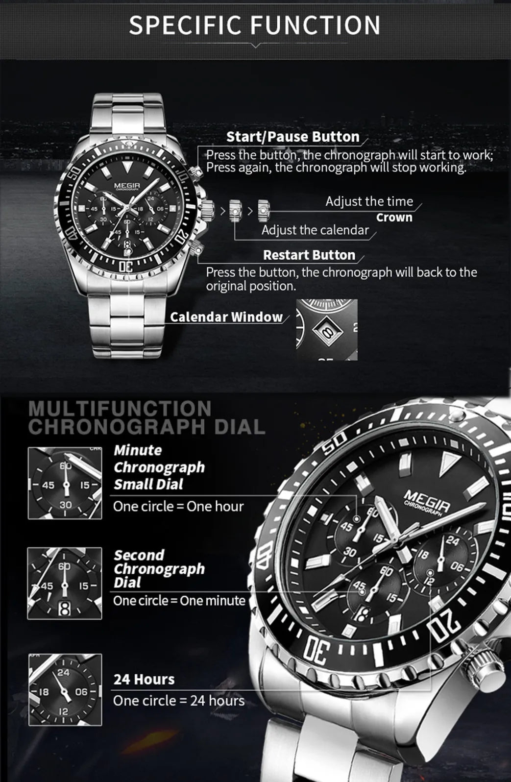 MEGIR Original Luxury Business Quartz Watch Men Brand Stainless Steel Chronograph Military WristWatch Clock Relogio Masculino