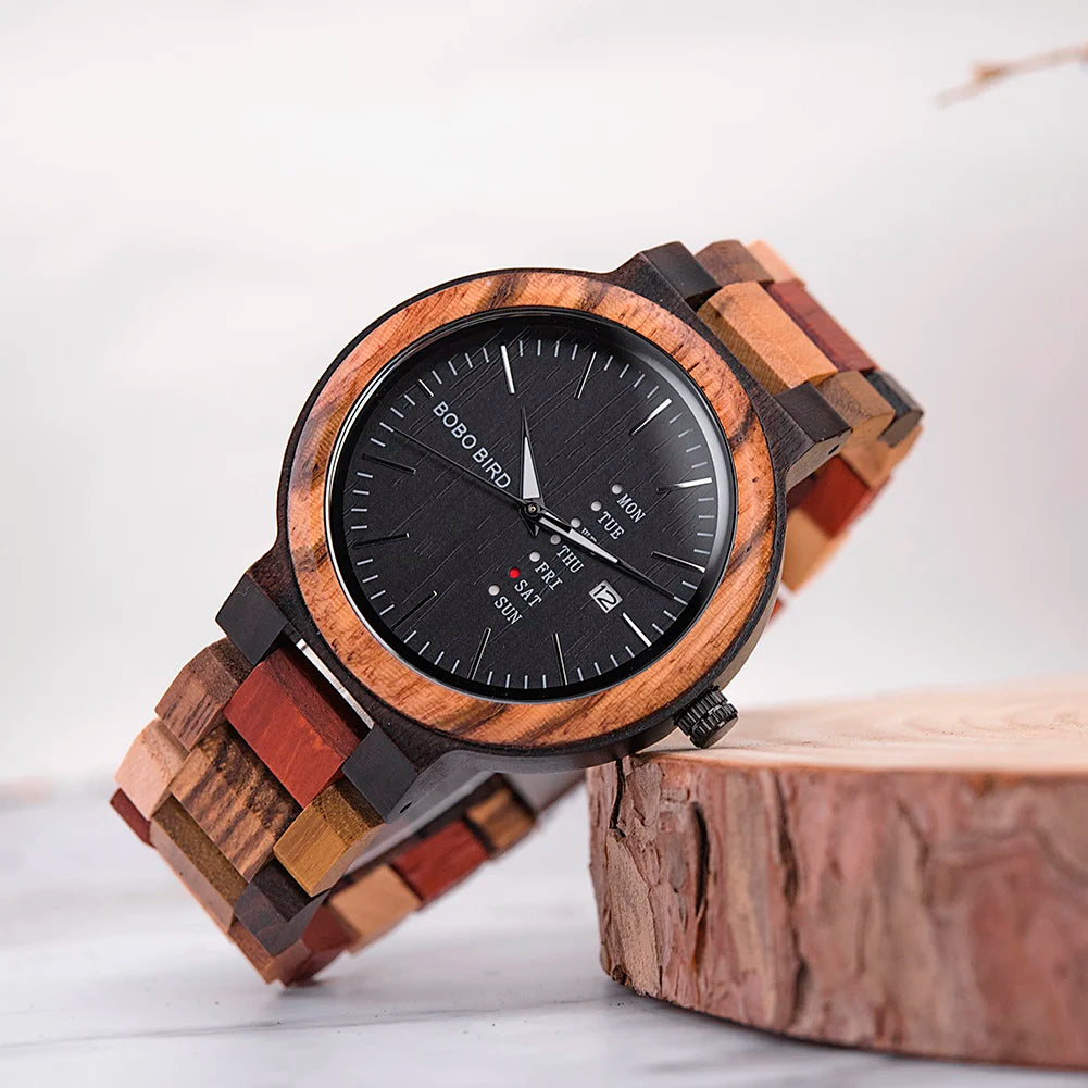 Luxury Brand Wood Timepieces Week Date Display Quartz Watches for Men Women Unique Family Gift