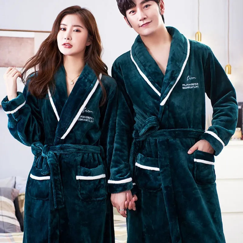 Lovers Coral Fleece Robe Autumn Winter Warm Sleepwear Women Men Thicken Flannel Bathrobe Lounge Nightgown Home Clothes Bigsize