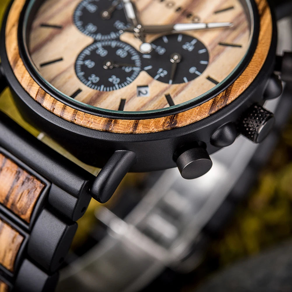 Timeless Elegance BOBO BIRD Wooden Men Chronograph Watch A Luxurious and Stylish Timepiece Featuring Military Quartz Movement Presented in a Premium Wood Gift Box