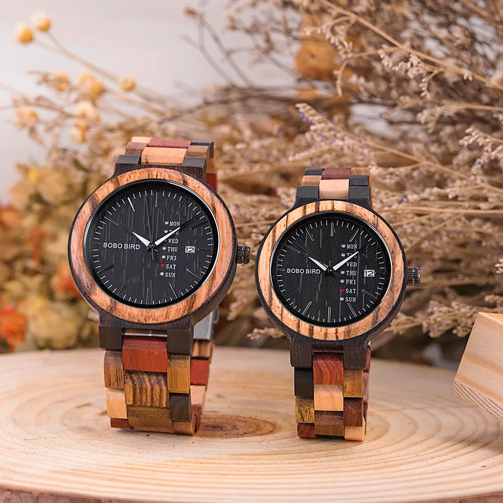 Luxury Brand Wood Timepieces Week Date Display Quartz Watches for Men Women Unique Family Gift