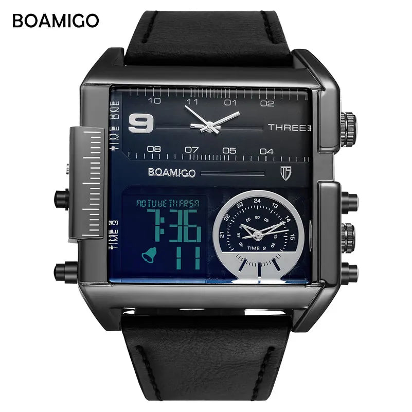 BOAMIGO Men's 3 Time Zone LED Sports Watch A Fashionable Military Inspired Quartz Timepiece with Leather Strap