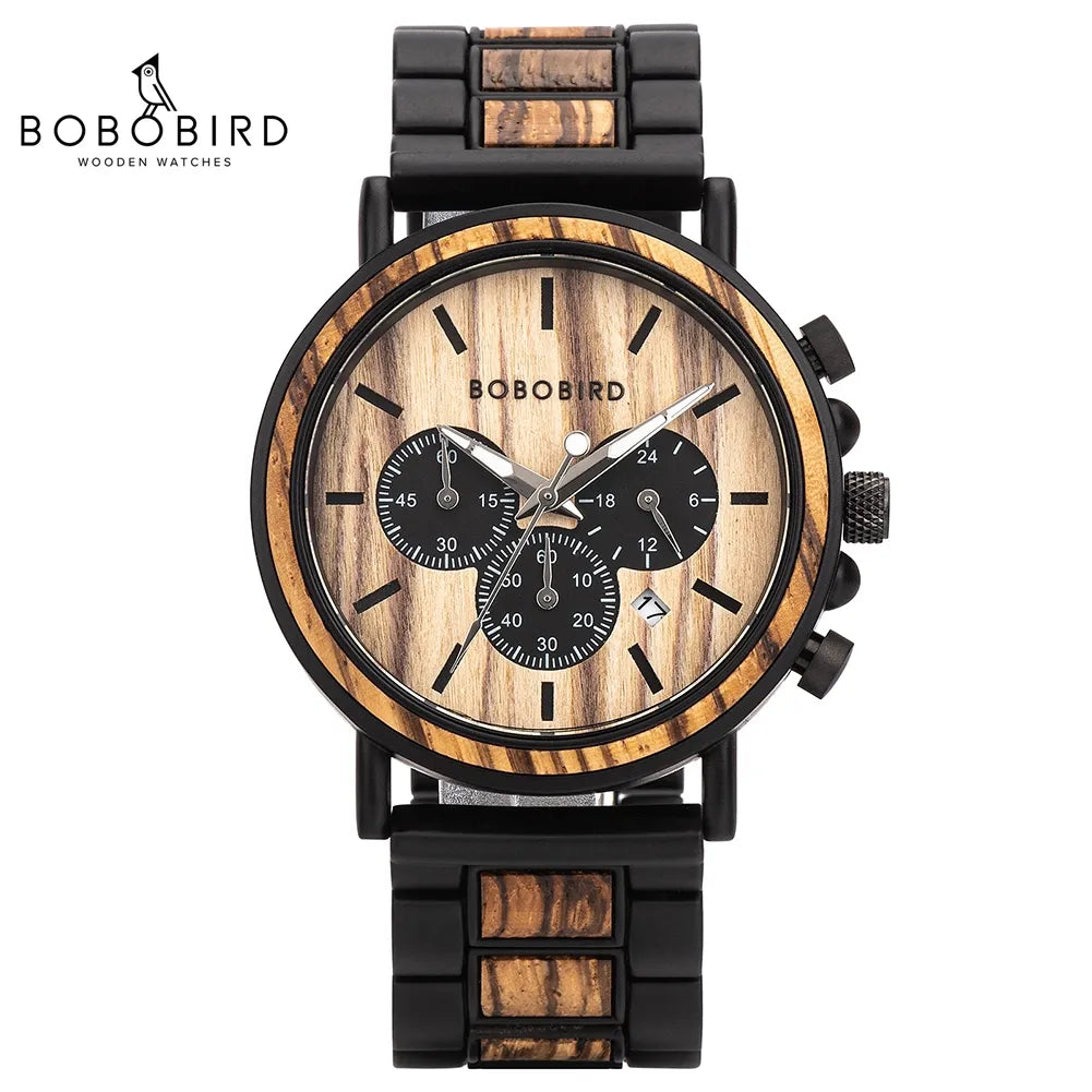 Timeless Elegance BOBO BIRD Wooden Men Chronograph Watch A Luxurious and Stylish Timepiece Featuring Military Quartz Movement Presented in a Premium Wood Gift Box