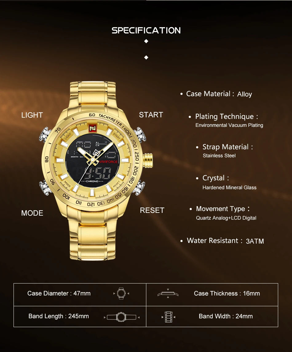 NAVIFORCE Luxury Gold Quartz Men's Sport Watch: LED Display, Waterproof, and Military Style - A Brand for the Stylish Man (Relogio Masculino)