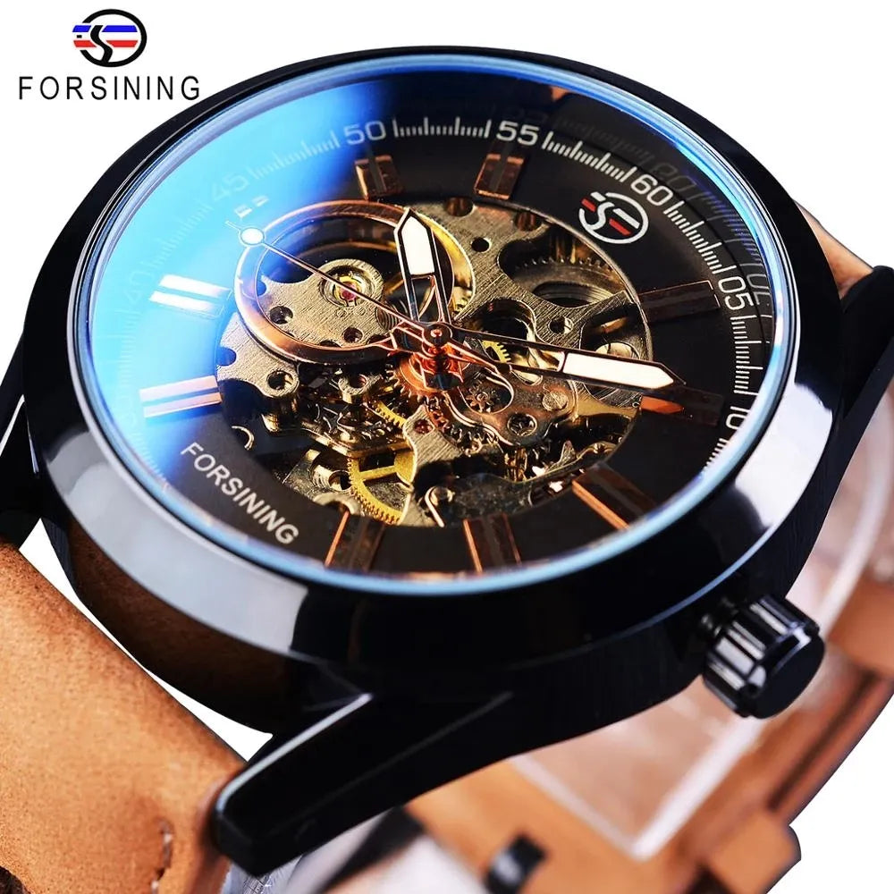 Forsining Men's Military Automatic Mechanical Sport Watch: Blue Light Glass, Leather Strap, Skeleton Luminous Timekeeping