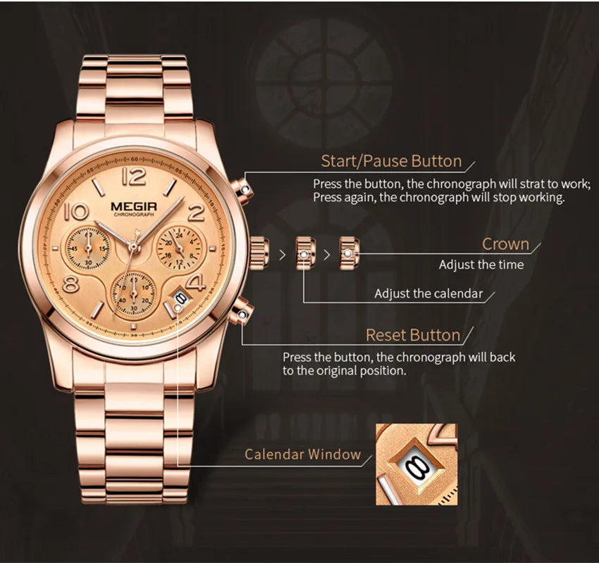 MEGIR 2057: Elegance and Precision in Women's Luxury Quartz Chronograph Watch - A Top-Brand Fashion Accessory (Relogio Feminino)