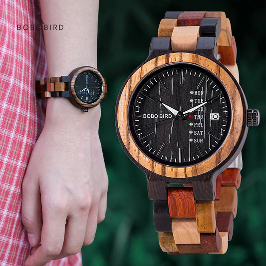 Luxury Brand Wood Timepieces Week Date Display Quartz Watches for Men Women Unique Family Gift