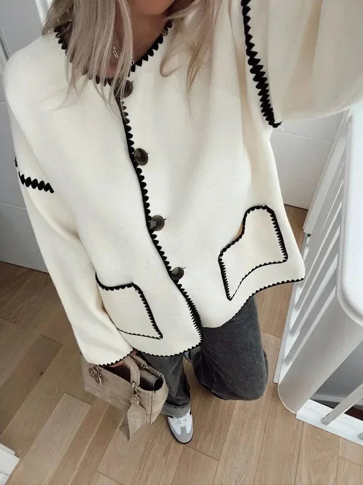 Women Patchwork Woolen Coat Elegant Autumn Office Lady Casual Pockets Top Sets