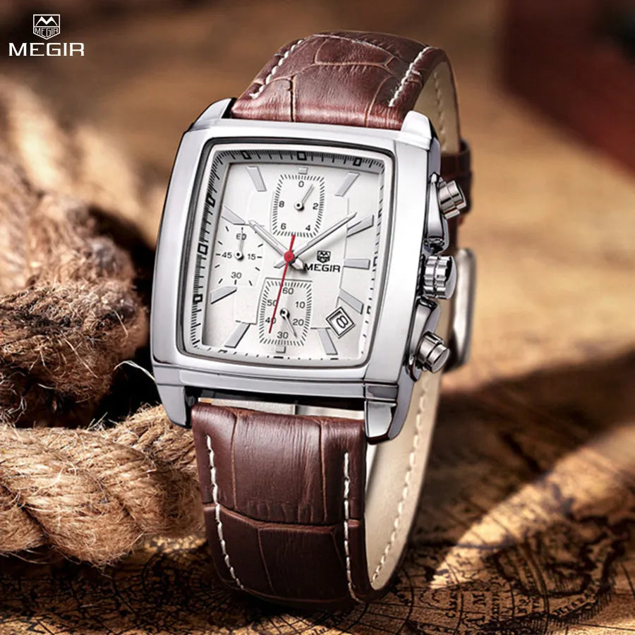 MEGIR Business Rectangle Watch for Men: Waterproof Quartz Military Timepiece with Luminous Hands, Leather Strap, and Casual Elegance (Reloj Hombre