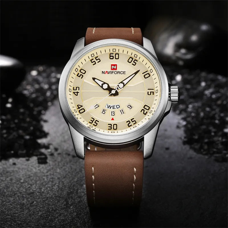 NAVIFORCE Men's Military-Style Sports Watch: Quartz, Leather Strap, and Waterproof with Date Function