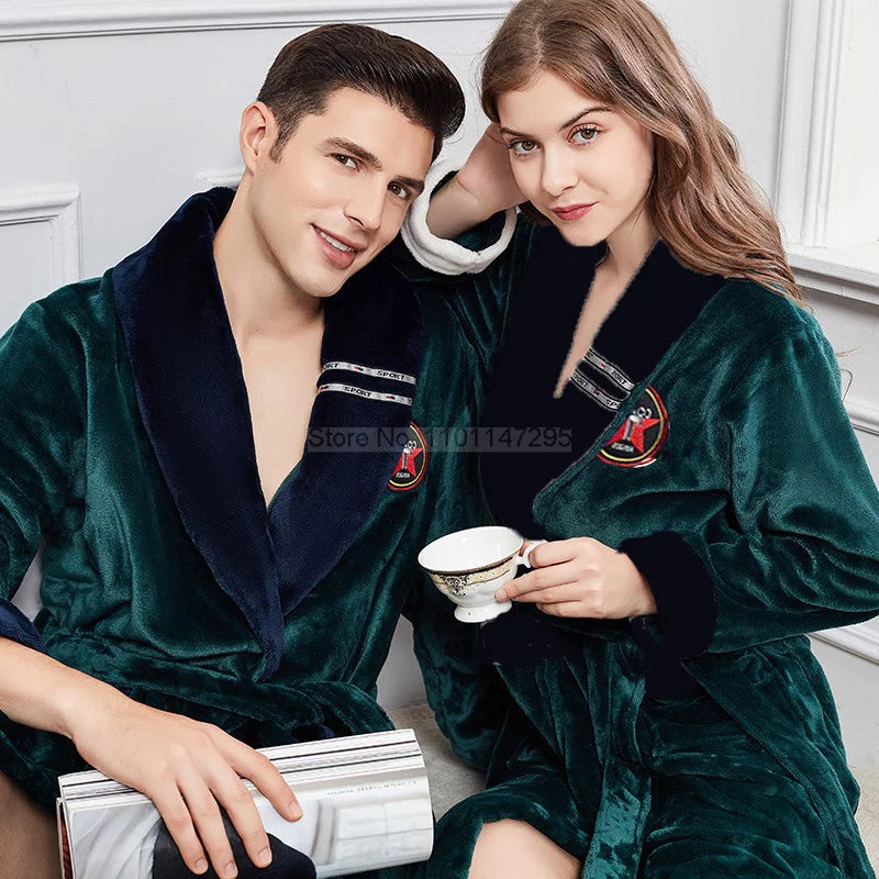 Winter Warmth Embrace: Coral Fleece Kimono Robe for Couples – Stay Cozy with Thick, Warm Nightwear in Sizes M to 3XL