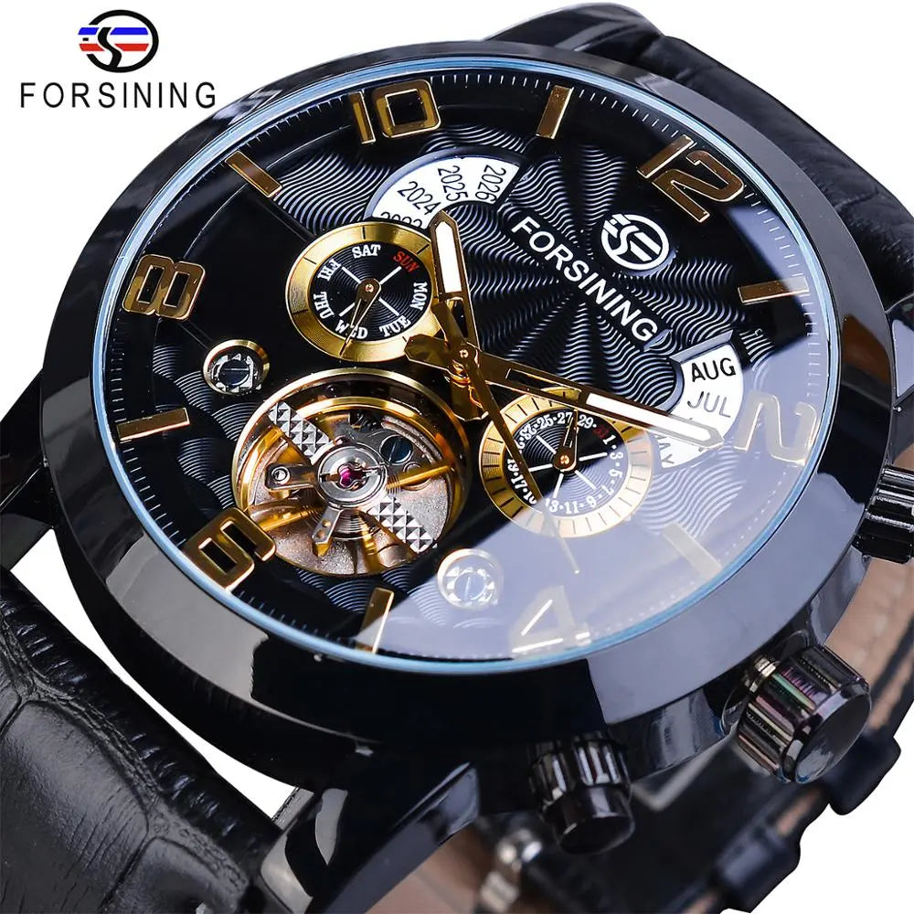 Forsining Tourbillion Men's Automatic Mechanical Watch: A Top Brand Luxury Timepiece with Fashionable Black and Golden Accents, Multi-Function Display