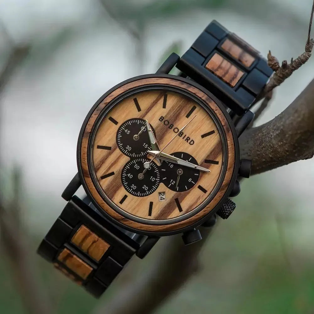 Timeless Elegance BOBO BIRD Wooden Men Chronograph Watch A Luxurious and Stylish Timepiece Featuring Military Quartz Movement Presented in a Premium Wood Gift Box