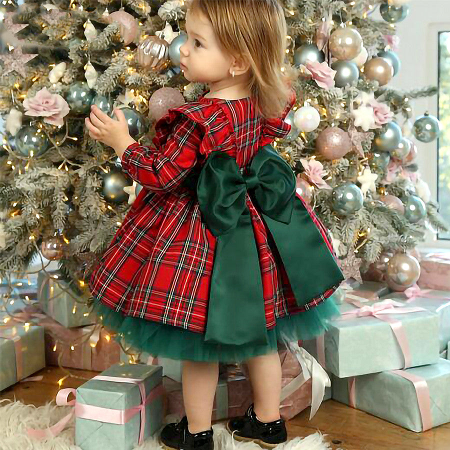 Cheerful Festivities Girls Red Checkered Bow Christmas Dress Adding Joyful Charm to Holiday Celebrations