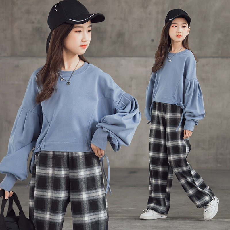 Trendy Western Korean Fusion Girls Western Style Suits with Plaid Trousers for Fashionable Big Kids