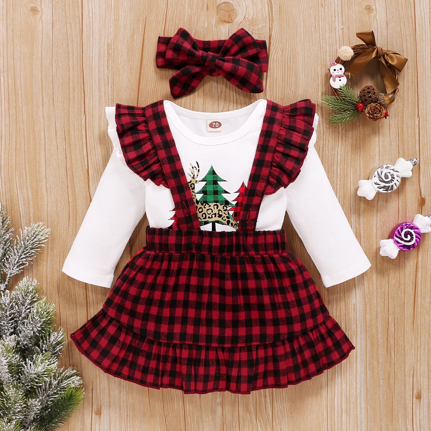 Girls Spring And Autumn Christmas Tree Letter Print Top Plaid Sling Skirt