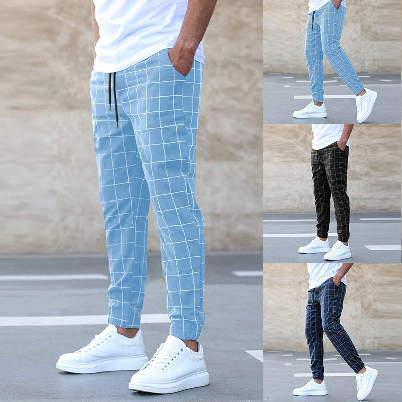 Men's Plaid Print Casual Drawstring Pants - Slim Fit