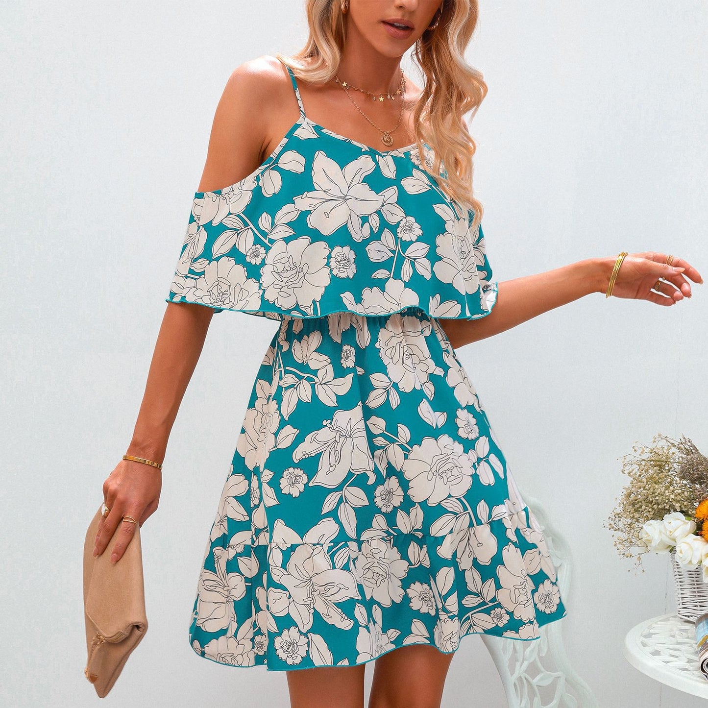 Elegant Charm European and American Women's Sling Chiffon Floral Dress Short Skirt for Stylish Summer Days