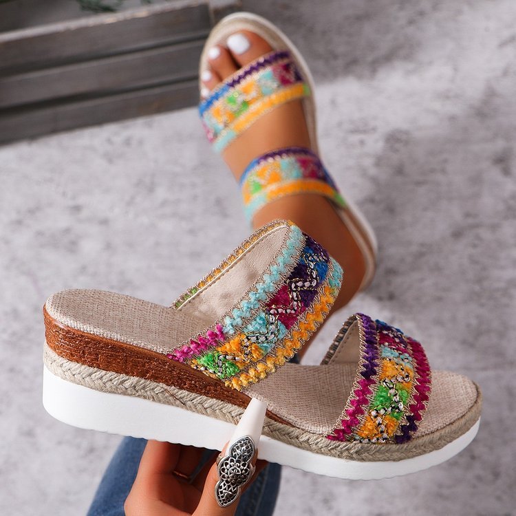 Ethnic Elegance Wavy Pattern Woven Sandals with Linen Bottom Wide Strap Wedges for Stylish Summer Comfort