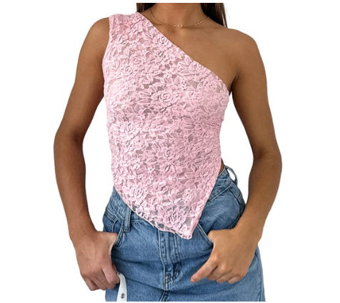 Ethereal Elegance Lace Backless Summer Top with Solid Color Waistless Design Asymmetrical Sloped Neckline Perfect for Streetwear in Women's Fashion