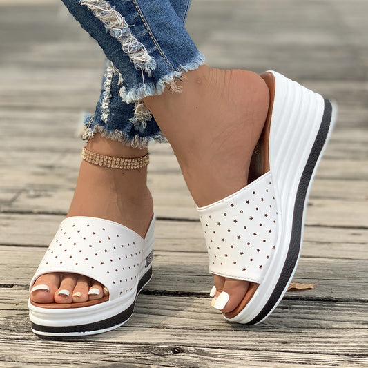 Ocean Breeze Chic Fish Mouth Wedges Sandals with Hollow Design High Heels Slides for Stylish Casual Beachwear