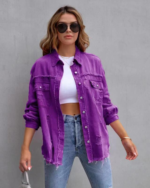 Ripped Shirt Jacket for Women - Autumn and Spring Casual Top