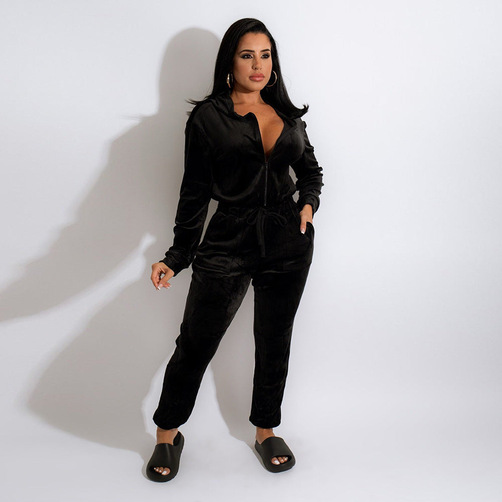 Chic and Comfortable Embrace Effortless Style with our Casual Straight Leg Velvet Jumpsuit Suit