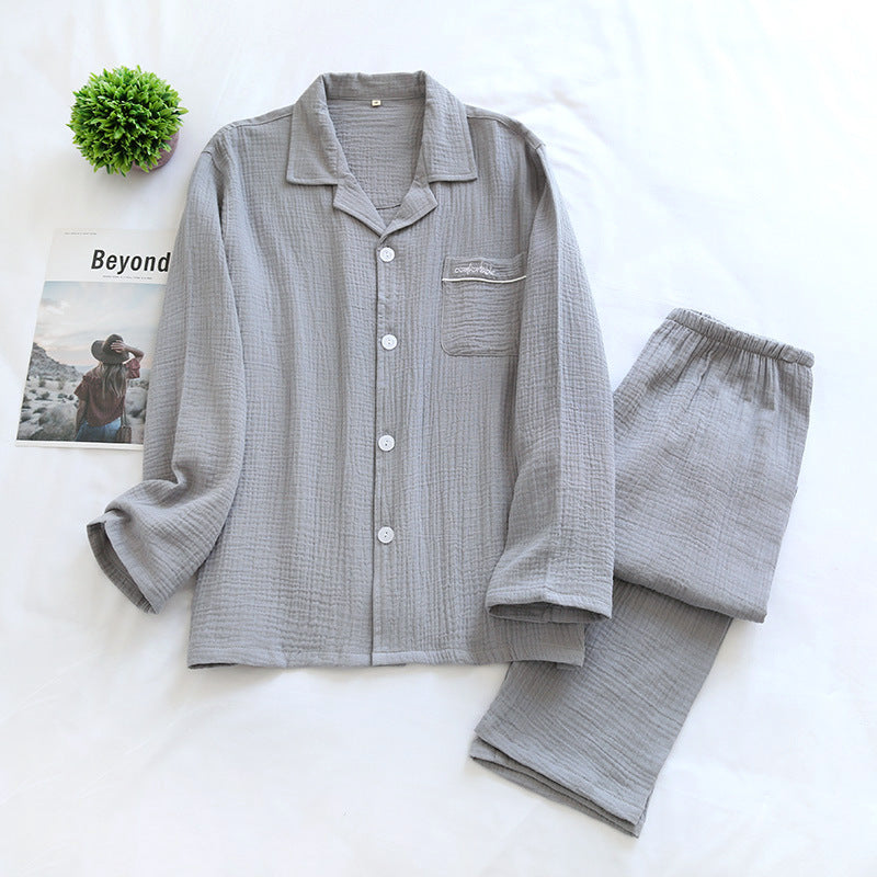 Long Sleeve Pajamas Cotton Double Layer Gauze Clothes Front Button Suit Solid Color