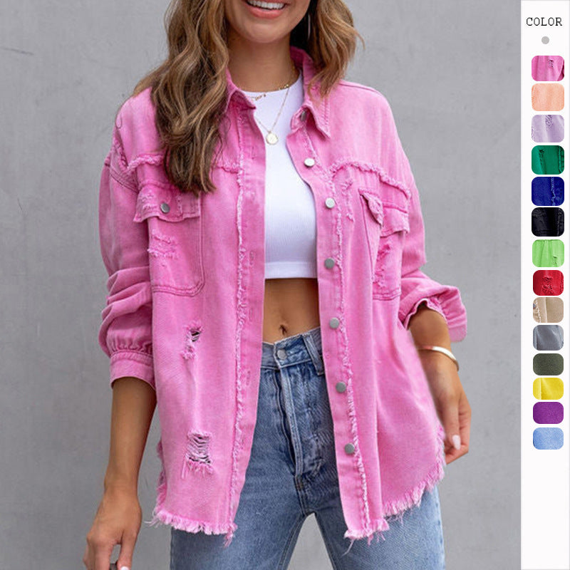 Ripped Shirt Jacket for Women - Autumn and Spring Casual Top