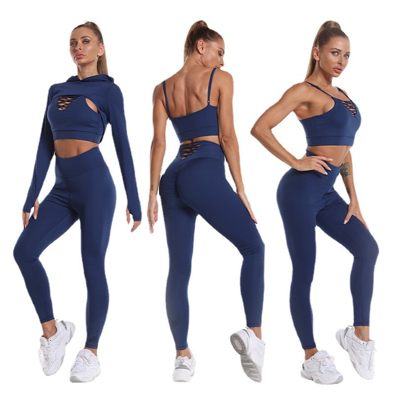 Ultimate Fitness Trio 3pcs Sports Suits with Long Sleeve Hooded Top Hollow Design Camisole and Butt Lifting High Waist Seamless Leggings Perfect Gym Outfits