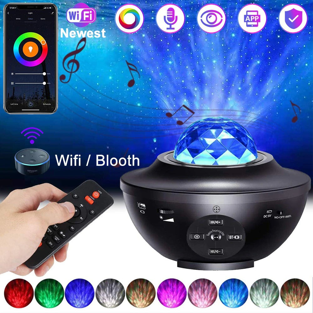 Starry Serenade: USB LED Night Light with Music and Water Wave Projection – Bluetooth Magic for Sound-Activated Decor